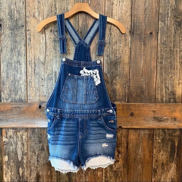 Jordache Girls Size XL 14-16 Blue Denim Lace Accents Bib Shorts Overalls - Picture 2 of 9